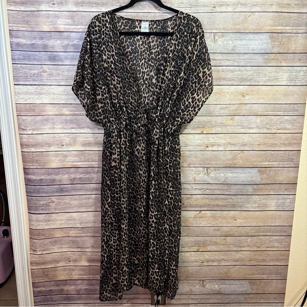 Leopard Print Sheer Tie Waist Kimono Swim Cover Up 2X-3X